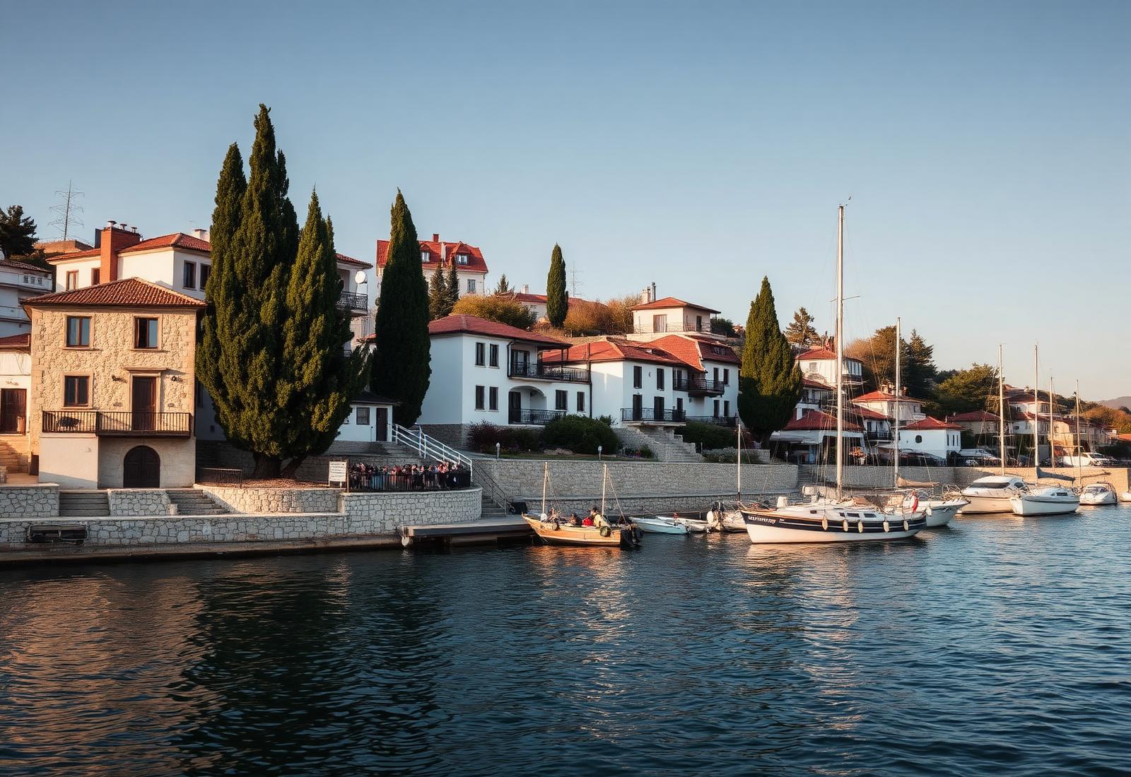 Blick auf die Bucht und die Hanggärten von Balchik an der bulgarischen Schwarzmeerküste
